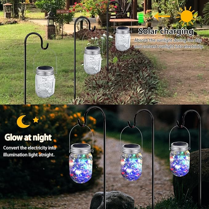 Hanging Solar Mason Jar Lights,ZQX 4 Pack 20 Led String Hanging Mason Jar Lanterns for Outdoor,Great Decor Light for Outside Patio Garden Yard Fence Wedding Table,Hangers and Jars Included（Multicolor）