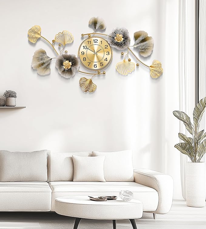 Wall Clocks for Living Room Decor, Large Wall Clock, 3D Creative Metal Ginkgo - Image 6