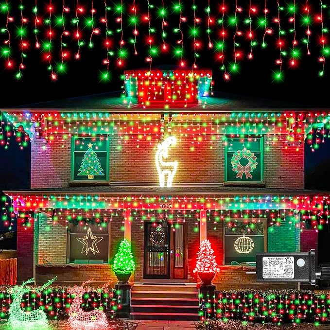 Icicle Lights for Outside, 33FT 400 LED Christmas Lights Outdoor with Waterproof 8 Modes, Plug in Connectable String Twinkle Light for Indoor Roof Window Garden Fence Party Decorations, Red Green