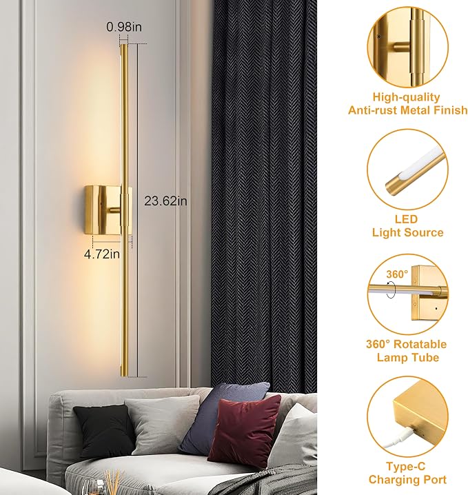Morauroral Gold Rechargeable Wall Sconces Set of 2, 10000mAh Battery Operated - Image 6