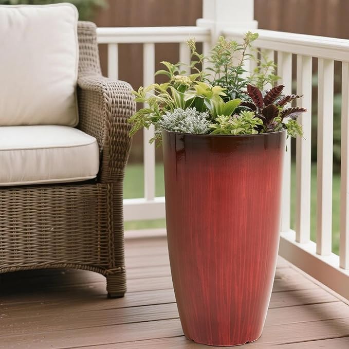 Worth Garden 20" H. Plastic Planters - Set of 2 Gradient Red Glossy Smooth Finish - Tall Plant Pots Drain Hole for Indoor Outdoor Use - Decorative Lightweight Flower Pots for Front Porch, Patio, Deck