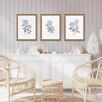 WRFON Blue Hydrangea Framed Wall Art Set of 3, Watercolor Floral Botanical - Image 2