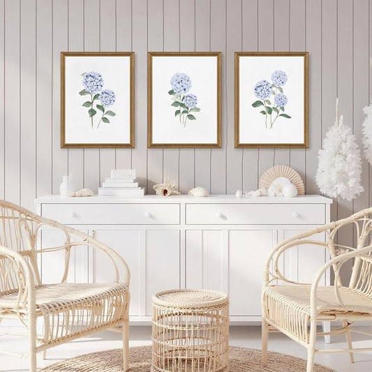 WRFON Blue Hydrangea Framed Wall Art Set of 3, Watercolor Floral Botanical - Image 2