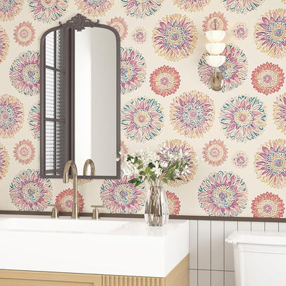 Beige Boho Wallpaper Peel and Stick, Vintage Circle Floral Contact Paper 17.5" - Image 8