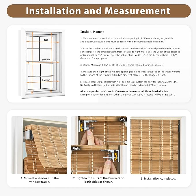 LazBlinds No Tools No Drill Cordless Bamboo Roman Shades, Custom Light - Image 6