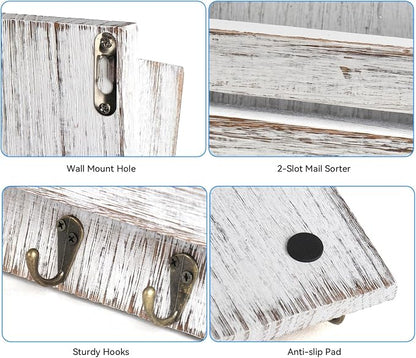 Mail Organizer Wall Mount with 4 Key Hooks, Rustic Wooden Hanging Mail Sorter - Image 3