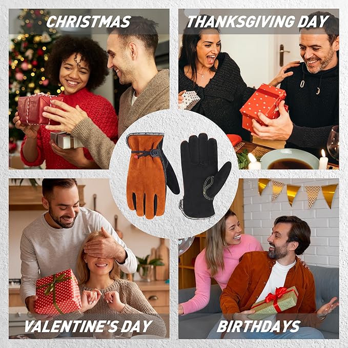 HLDD HANDLANDY Leather Work Gloves for Men & Women, Adjustable Wrist Cowhide Gardening Glove with Reinforced Palm for Driver