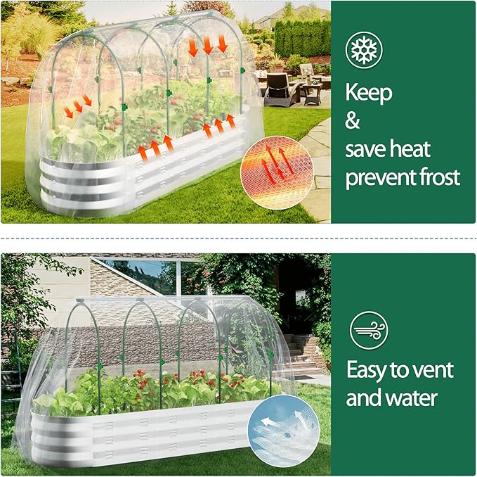 POTEY Raised Garden Bed with Greenhouse Galvanized Planter Box with 2 Greenhouse Cover for Outdoor Gardening Garden Box for Fruit, Vegetable, Flower, Herbs and Strawberry Plant