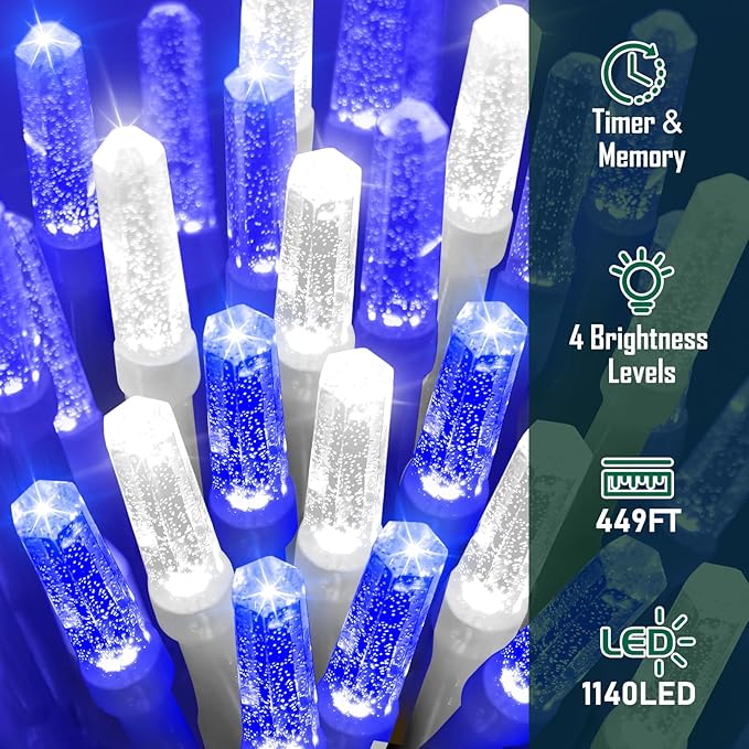 Heceltt 1140 LED 449 FT String Lights Outdoor, 8 Modes Christmas Lights, Waterproof LED String Lights with Timer and Memory Fairy Light Plug in for Wedding Home Party Tree Decorations (Blue and White)