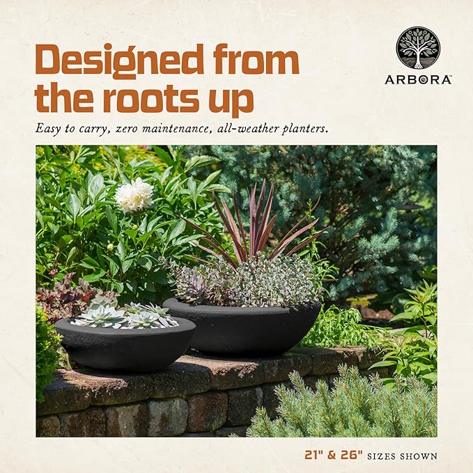 ARBORA 26" Santorini Bowl 2-Pack with Classic Black Finish - Polyresin Indoor and Outdoor Planters, Durable, Weatherproof, Lightweight, Large Plant Pots for Patio, Garden, Deck, Entryway