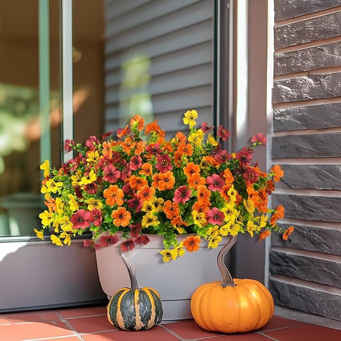 Artificial Fake Hanging Plants Flowers Basket, Faux Silk Daisy in Planter Realistic UV Resistant for Outside Home Patio Balcony Yard Spring Outdoor Decoration (Orange Brown Yellow)