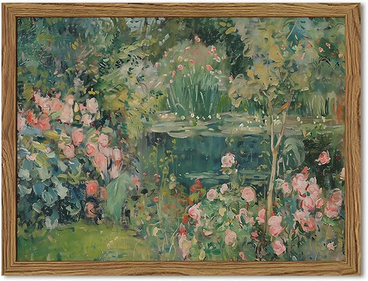 Framed Vintage Floral Landscape Canvas Wall Art, Rose Garden Pond Wall Decor by Unknown