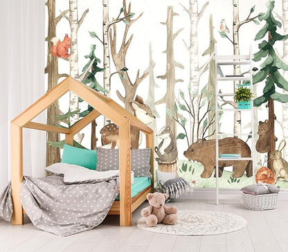 XMPMBM-Cartoon Hand-Painted Animals Woodland Nursery Room Fabric Wallpaper by XMPMBM-Wallpaperthatwontpeeloff