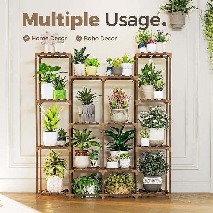 Bamworld Plant Stand Indoor Large Plant Shelf Tall Flower Stands 14 Pots Outdoor Plant Rack for Garden Balcony Patio Window Living Room Corner Wood