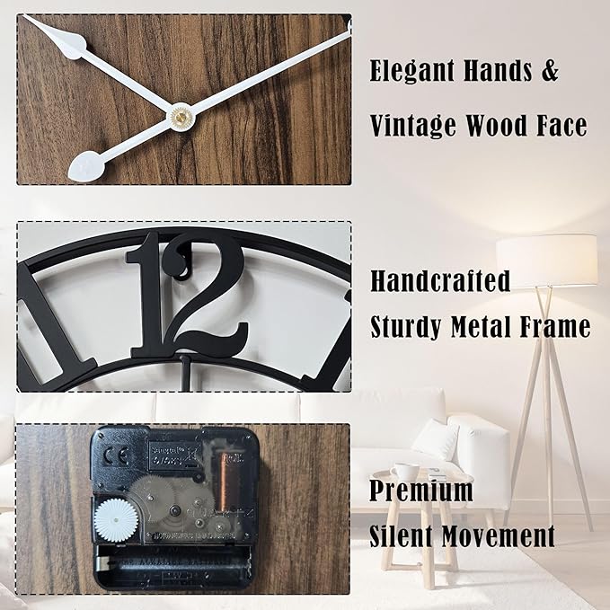 Large Metal Wall Clock, 30 Inch Retro Decorative Silent, Non Ticking, Battery - Image 5
