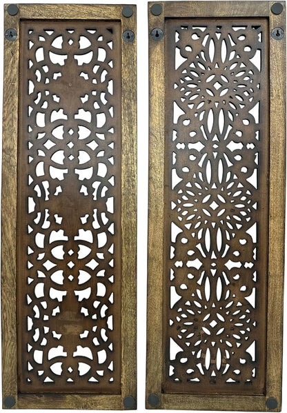 Floral Hand Carved Wooden Wall Panels Set of 2, Rustic Brown Decorative Wall Art - Image 3