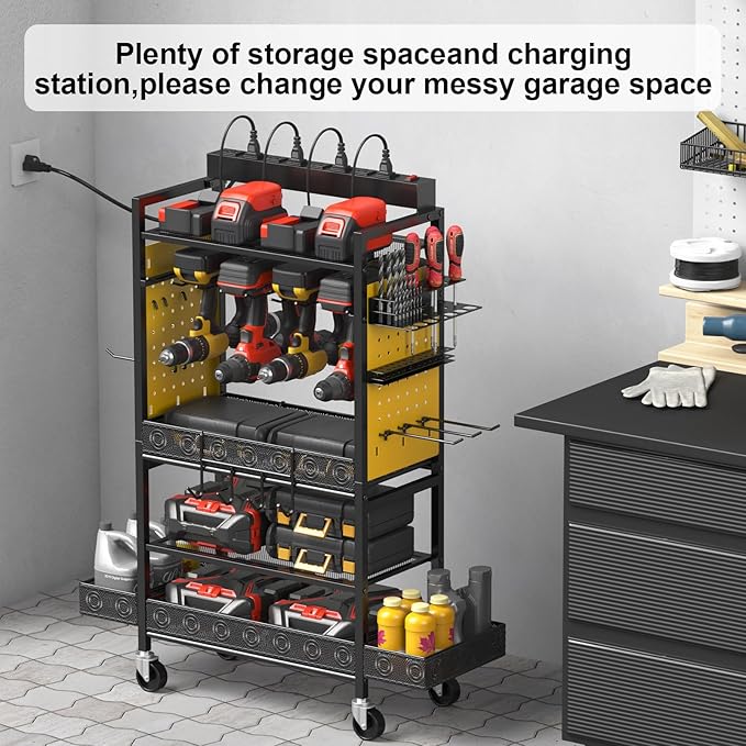 CCCEI Garage Power Tools Organizer Cart with Charging Station, Yellow Floor Standing Rolling Drill and Tools Battery Storage Cart on Wheels. Utility Rack Gift for Men, Husband, Father.