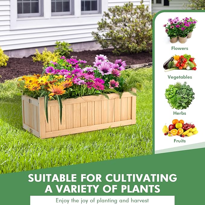 S AFSTAR Outdoor Wooden Planter Box, Folding Raised Garden Bed W/Drainage Hole, Patio Rectangle Plant Container for Flowers Vegetables Fruits Herbs, Collapsible Planting Box for Yard