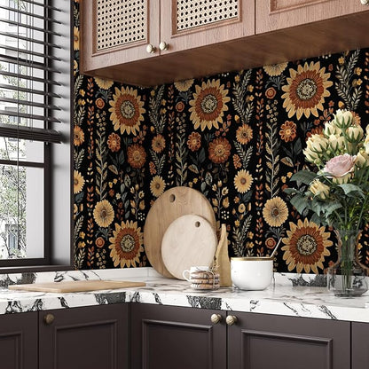 Boho Dark Floral Peel and Stick Wallpaper, Vintage Black Brown Flower Pattern - Image 5