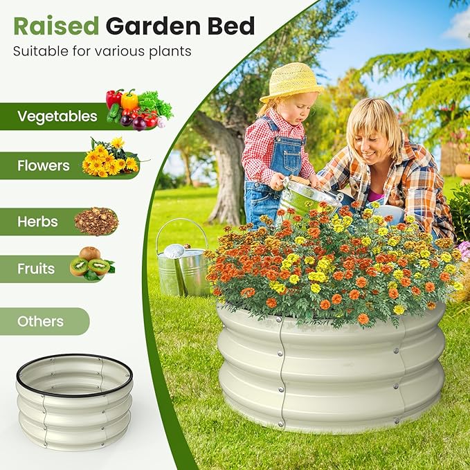 2pcs 2x2x1 FT Galvanized Raised Garden Bed Kit, Round Raised Garden Beds Outdoor Raised Beds for Gardening, Planter Boxs for Vegetables Flower Herb(Pearl White & Sage Green)