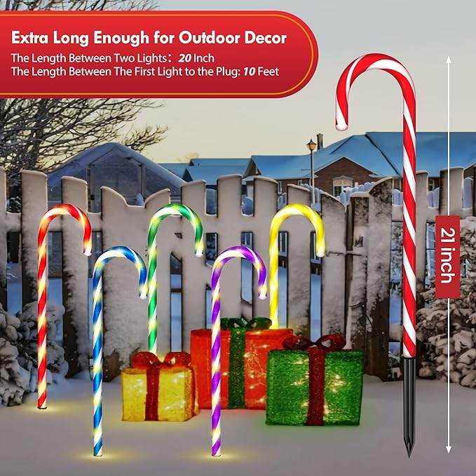WeGuard 10PK Christmas Candy Cane Pathway Lights Outdoor Decorations 21" 8 Lighting Modes Flashing Waterproof Outdoor Lighted Christmas Decor for Garden Yard (Multi-Colored)