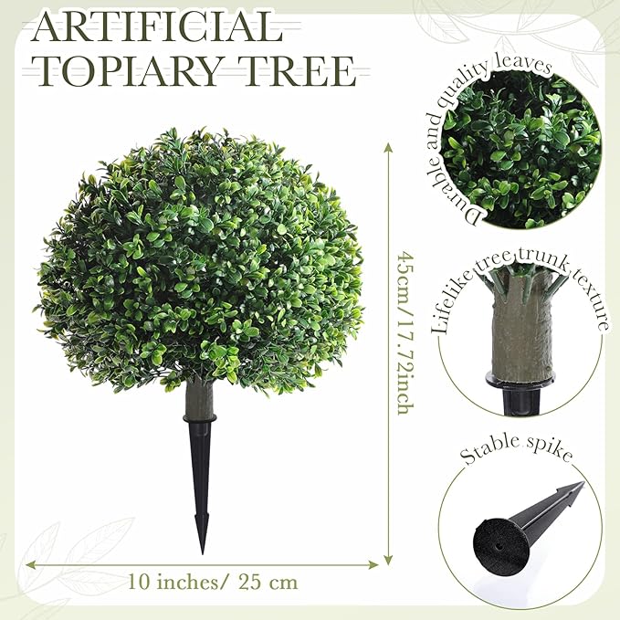 Yunlly 4 Pack 18" Artificial Boxwood Ball Bush Topiary Trees Fake Outdoor Plants, Realistic UV Resistance Faux Shrubs with Spike Greenery Topiary Potted for Front Porch Garden Yard Patio Indoor Decor