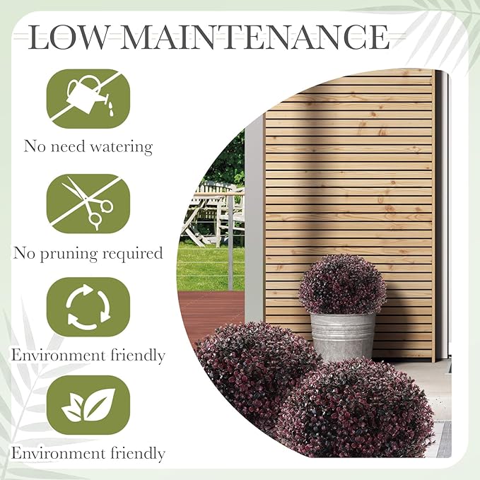 Yunlly 2 Pack 18" Artificial Boxwood Ball Bush Topiary Trees Fake Outdoor Plants, Realistic UV Resistance Faux Shrubs with Spike Greenery Topiary for Front Porch Garden Yard Patio Indoor (Dark Purple)