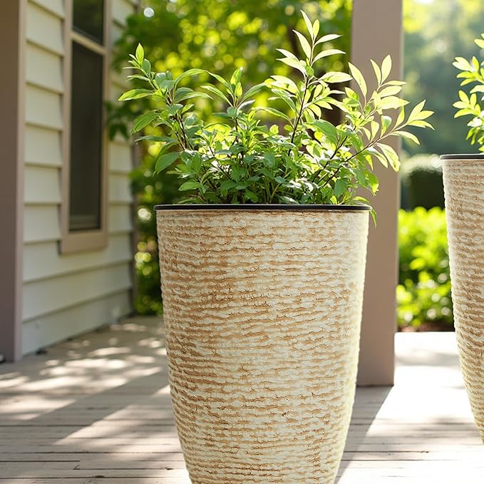WORTH Garden 2-Pack 21" H. Beige Tall Planters with Inside Pots - 14'' Dia Plastic Large Round Plant Tree Pots - Decorative Imitation Stone Finish for Indoor Outdoor Front Porch Container Patio