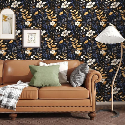Laatse Blue/Gold Leaf Wallpaper Peel and Stick Vintage Dark Floral Wallpaper - Image 3