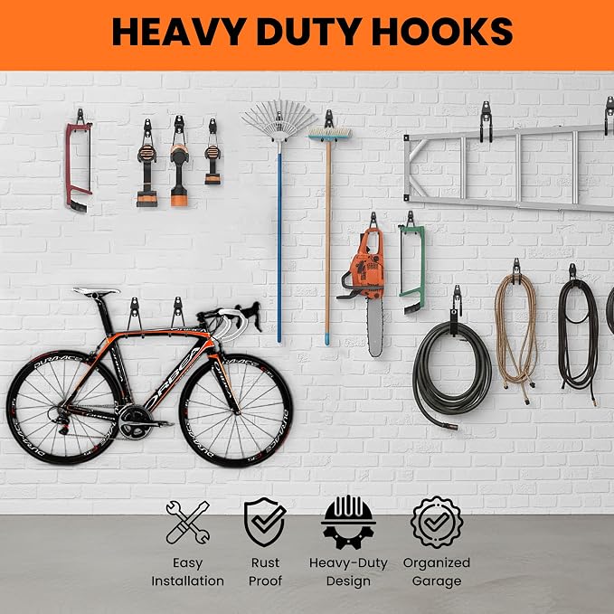 Pack 16 Garage Hooks Heavy Duty | Multi-Sized Wall-Mounted Tool Hangers - Image 8
