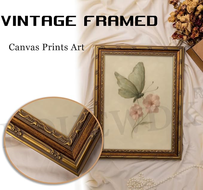 Vintage Gold Framed Wall Art, Retro Butterfly and Pink Flower Oil Painting - Image 6
