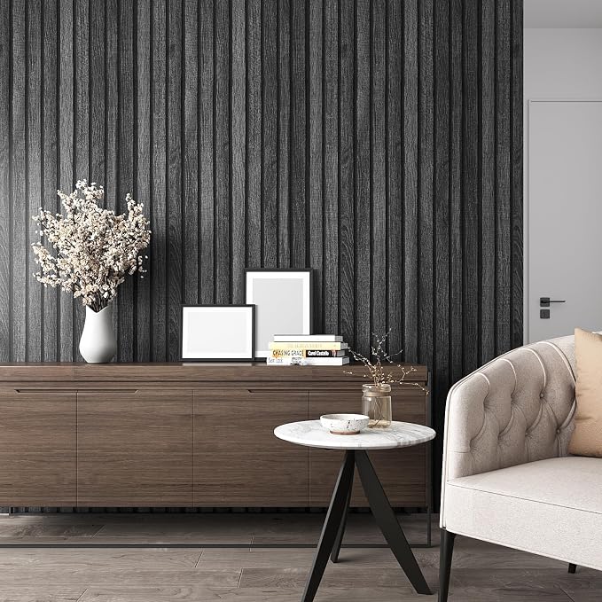 VEELIKE Charcoal Black Wood Slat Wallpaper Peel and Stick Modern Wood Panel - Image 2