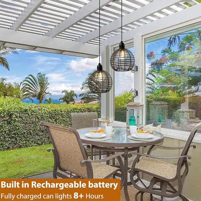 Hanging Solar Lantern Lights Waterproof, Outdoor Chandelier with G50 Warm White LED Bulbs, Black Rattan Globe Shades, Solar Decorative Lights for Patio Tree Pergola Gazebo Porch Garden-2Pack