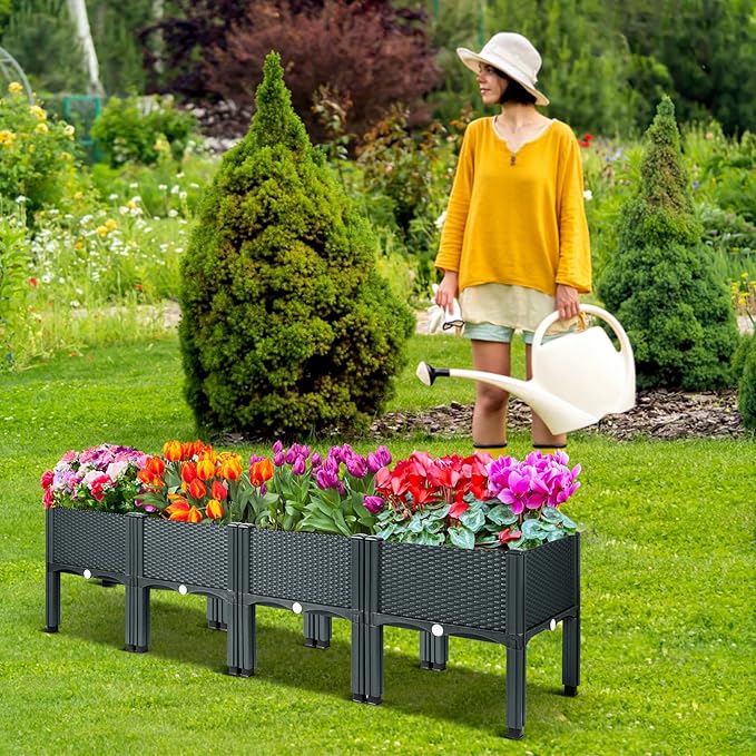 MAYOLIAH Raised Garden Bed with Legs 16.5" H Elevated Planter Box, Plastic Raised Beds for Gardening Vegetables Herb Flowers, Perfect for Indoor Outdoor Planting, 4 Boxes