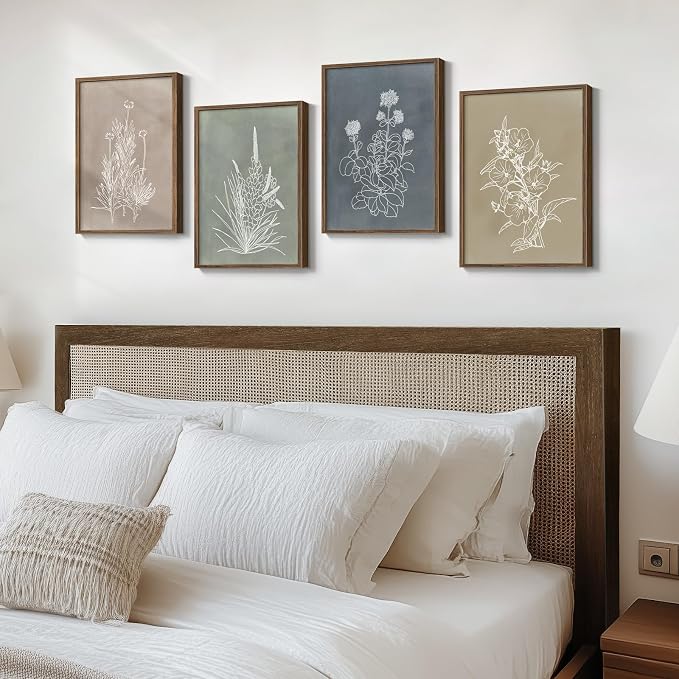 Boho Framed Botanical Wall Art for Bedroom, 4 Piece Vintage Neutral Floral - Image 2