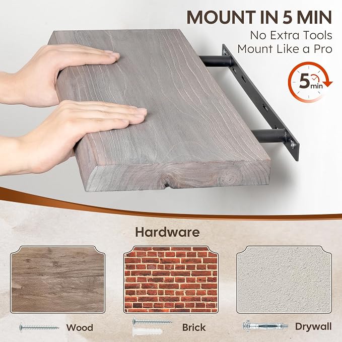 Live Edge Floating Shelves Set of 2, 24 Inch Solid Elm Wood Wall Shelves - Image 5