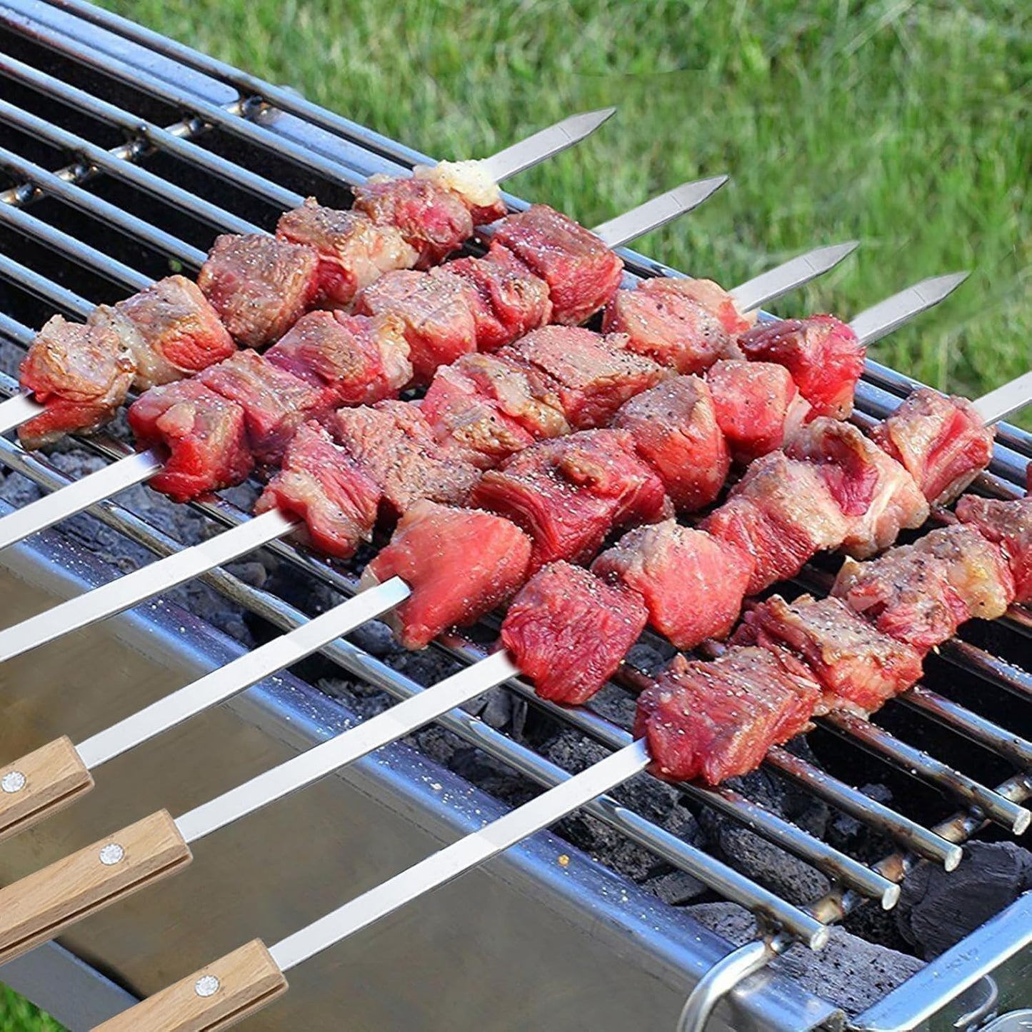 12 Pack Kebab Skewers BBQ Barbecue Skewers Stainless Steel Flat Sticks 22 Inch Heavy Duty Large Wide Reusable with Nonslip Wooden Handle Ideal for Shish Kabob Chicken Shrimp and Vegetables