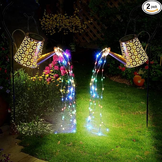 2 Pack Solar Watering Can Lights with Shepherd Hook, 8 Multi-Color Changing Modes, IP65 Waterproof, 60pcs String Lights for Outdoor Garden Pathway Lawn Patio Deck Walkway Courtyard