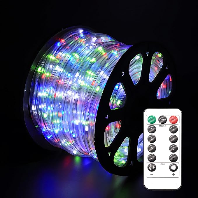 LED Rope Lights for Outside 50Ft Waterproof Led Rope Lighting 214 LEDs 110V 8 Modes Remote Control Timer Led Strip Light for Indoor Outdoor Party Holiday Garden Decoration (Multicolor)
