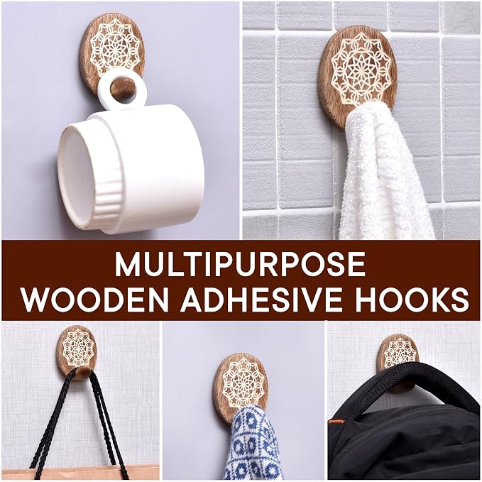 Indian Shelf 6 Lb- 6 Pieces Decorative Wood Adhesive Wall Hooks–Boho Peel and - Image 6