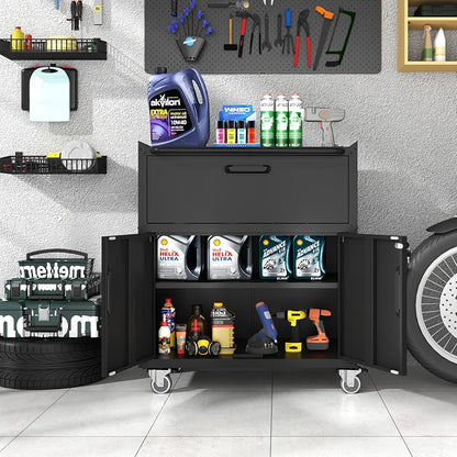 Metal Storage Cabinet with Wheels, Lockable Garage Storage Cabinet with 2 Doors - Image 2