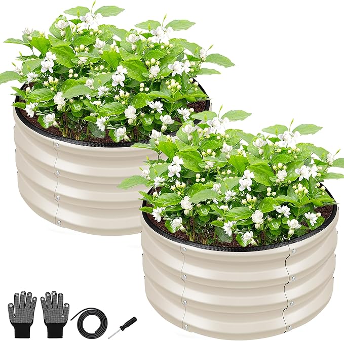 ZXZYHFTY Round Galvanized Raised Garden Bed kit,White Outdoor Garden Raised Planter Box, Round Large Metal Raised Garden Beds for Vegetable 2 * 2 * 1ft 2 Pcs