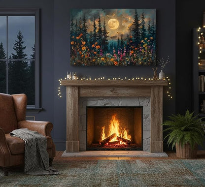 Full Moon Forest Canvas Wall Art Moonlit Pine Tree Mountains and Wildflowers - Image 2