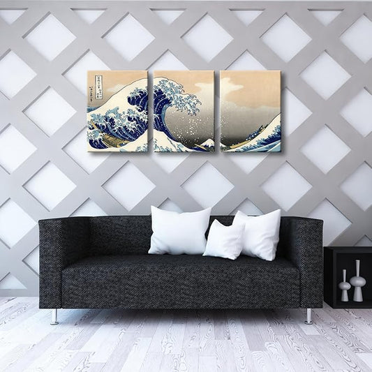 Wieco Art Great Wave of Kanagawa Katsushika Hokusai 3 Piece Modern Canvas - Image 2