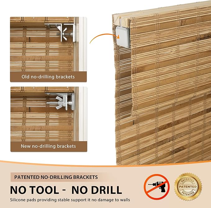 LazBlinds No Tools No Drill Cordless Bamboo Roman Shades, Custom Light - Image 3