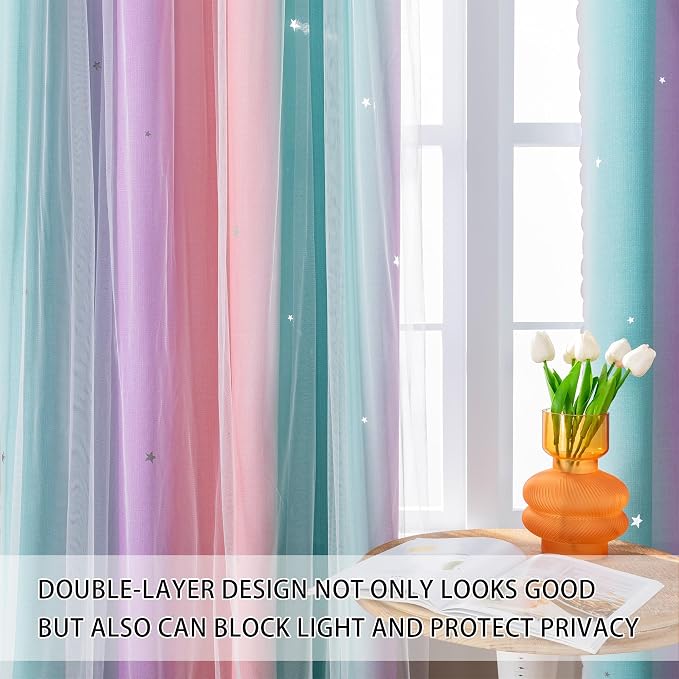 XiDi Curtains for Bedroom Decor, Kids Room Curtains for Girls Rainbow Colour - Image 6