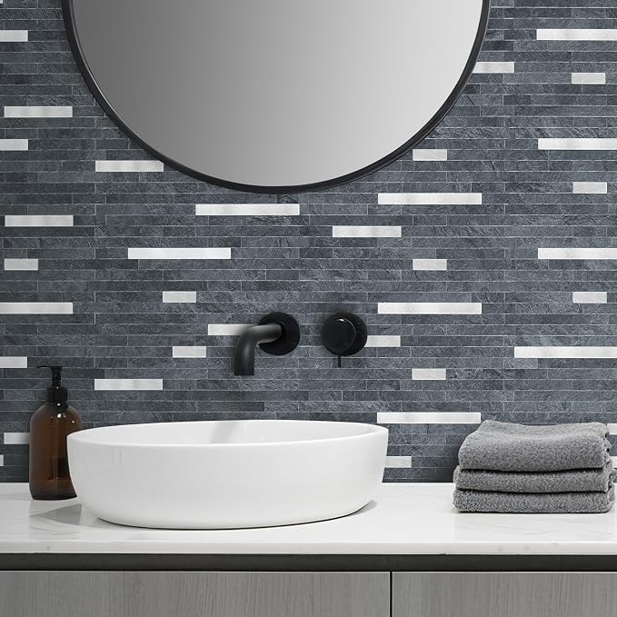 AULIGET 2 Sheets Black Slate Peel and Stick Backsplash, PVC Mixed Metal Silver - Image 6