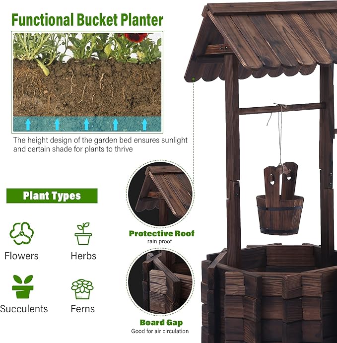 Wooden Wishing Wells for Outdoors with Hanging Bucket, Wishing Well Planters Rustic Style Patio Garden Ornamental, Brown