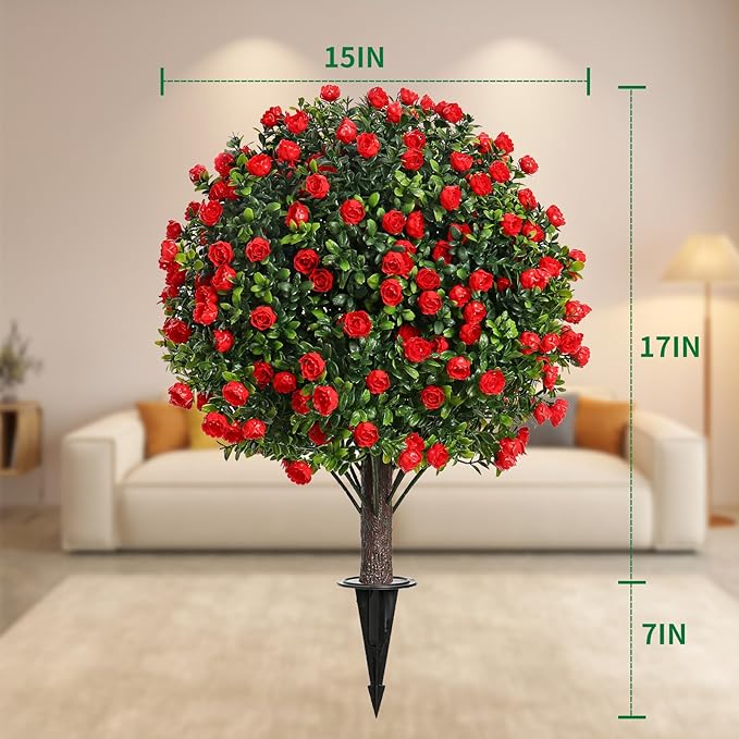 Artificial Rose Topiary Trees, 17 Inch UV-Resistant Red Flowers, Set of 2 with Ground Stakes, Indoor Outdoor Decorative Plants