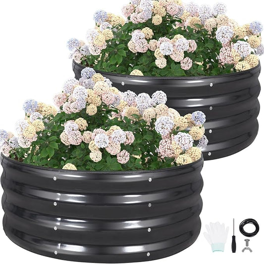 G GOOD GAIN Round Raised Garden Bed - 2Pcs 3x3x1ft Galvanized Steel Planter Boxes Outdoor with Rubber Edge Trim | Metal Raised Beds for Gardening Vegetables Flowers Fruits Herbs (Dark Grey)